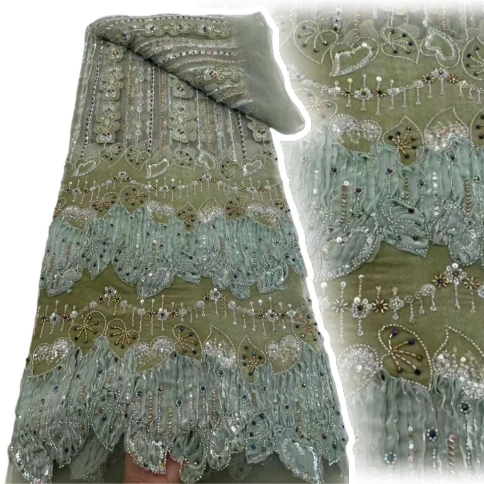 

Luxury Beads Mesh Lace Fabrics Velvet Lace Nigerian African Tulle French Tulle Beaded Net Lace for Women Evening Dresses 1971