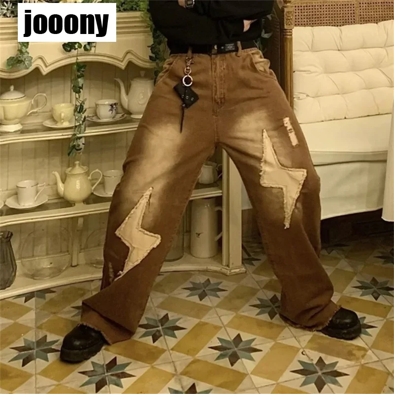 

Y2k Harajuku Широкие брюки в стиле хип-хоп с вышивкой в стиле пэчворк Повседневная уличная одежда Мужские джинсы High Street Винтажные мешковатые брюки Джинсовые