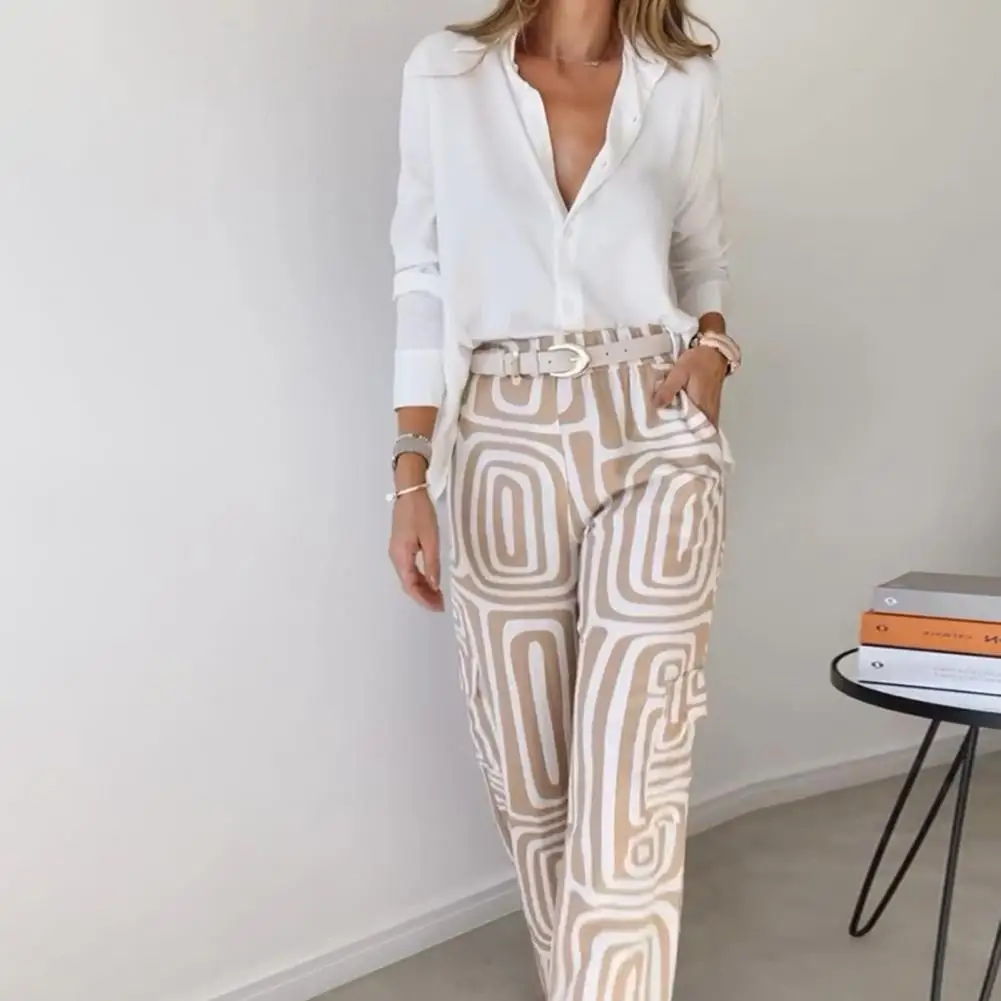 

Lightweight Suit Set Stylish Women's Shirt Pants Set with Long Sleeves Lapel Collar Chic Single-breasted Blouse for Commuting