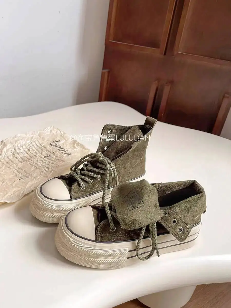 2025 New Women's Thick Platform Canvas Shoes Niche Retro High-Top Shoes Spring Autumn Versatile Casual Sneakers Canvas Shoes