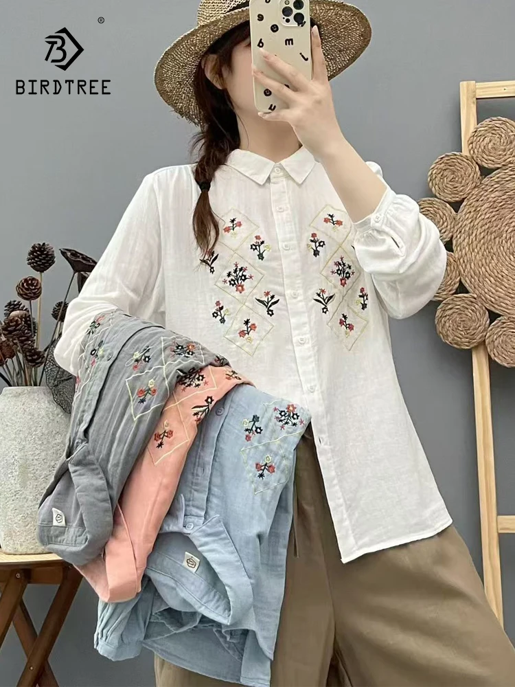 

New 2025 Autumn Cotton Yarn Long Sleeve Shirt, Women Turn-down Collar Embroidery, Mori Girl Fashion Sweet Loose Blouse T58048CC