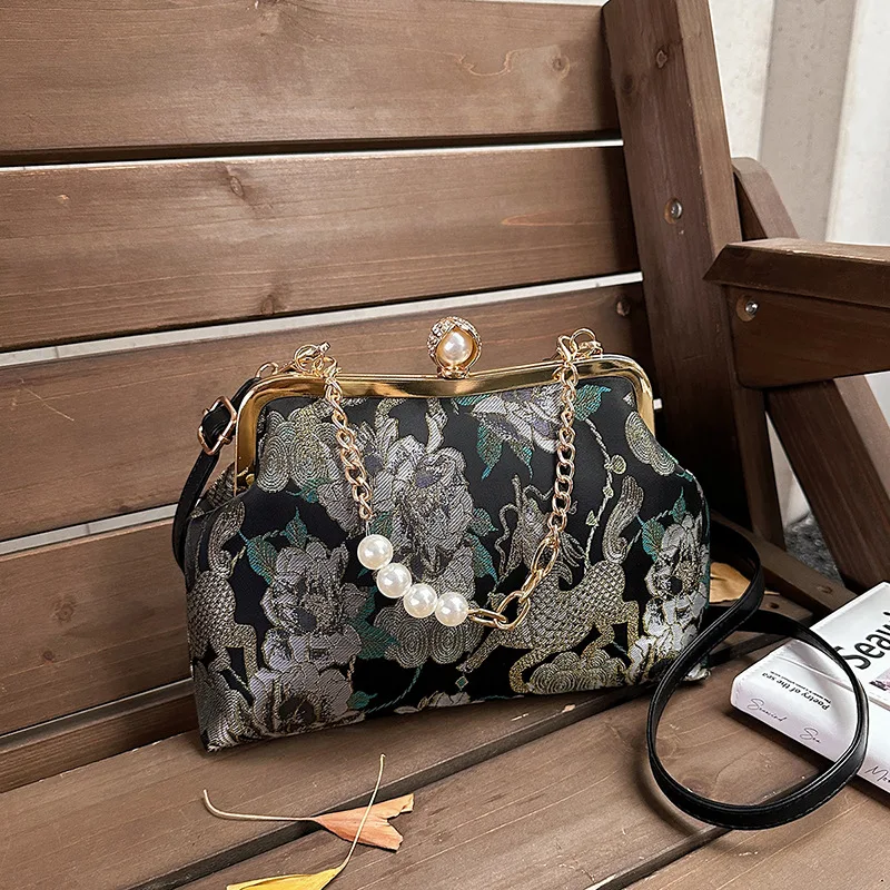 

Vintage Flower Print Seasell Evening bags Autumn Winter Chinese Style Chain Shoulder Bags Crossbody For Women Prom Party Clutch