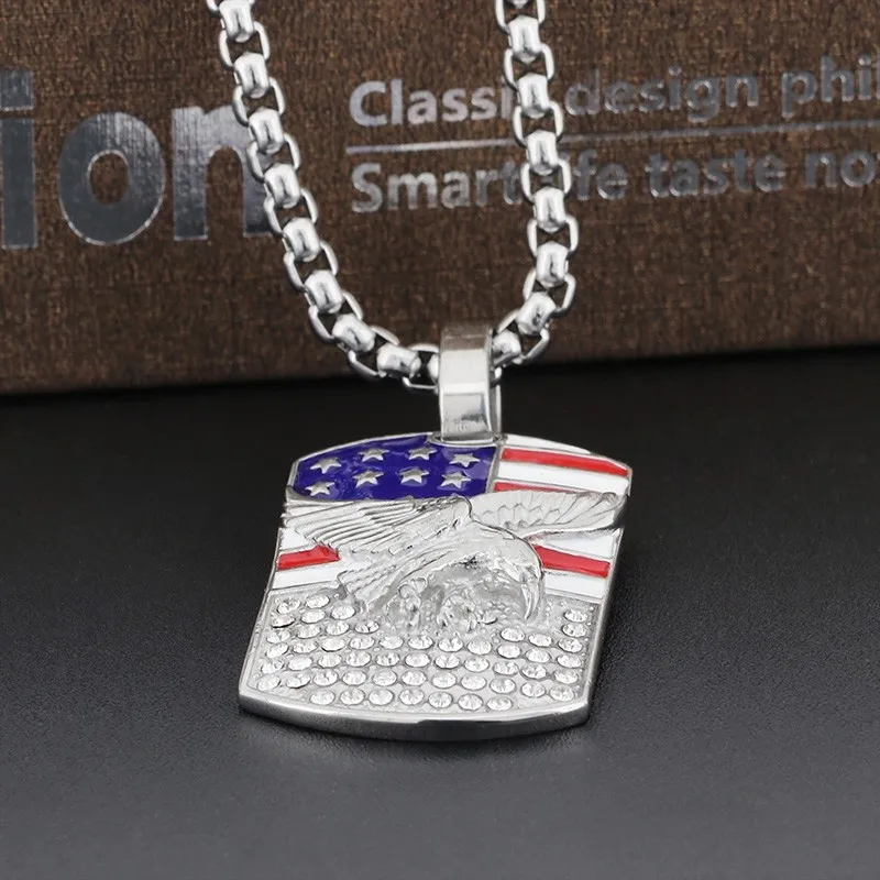 Hip Hop Square Stone Pendant For Men Eagle Baked American Flag Stainless Steel Pendant Necklace Personalized Charms Jewelry