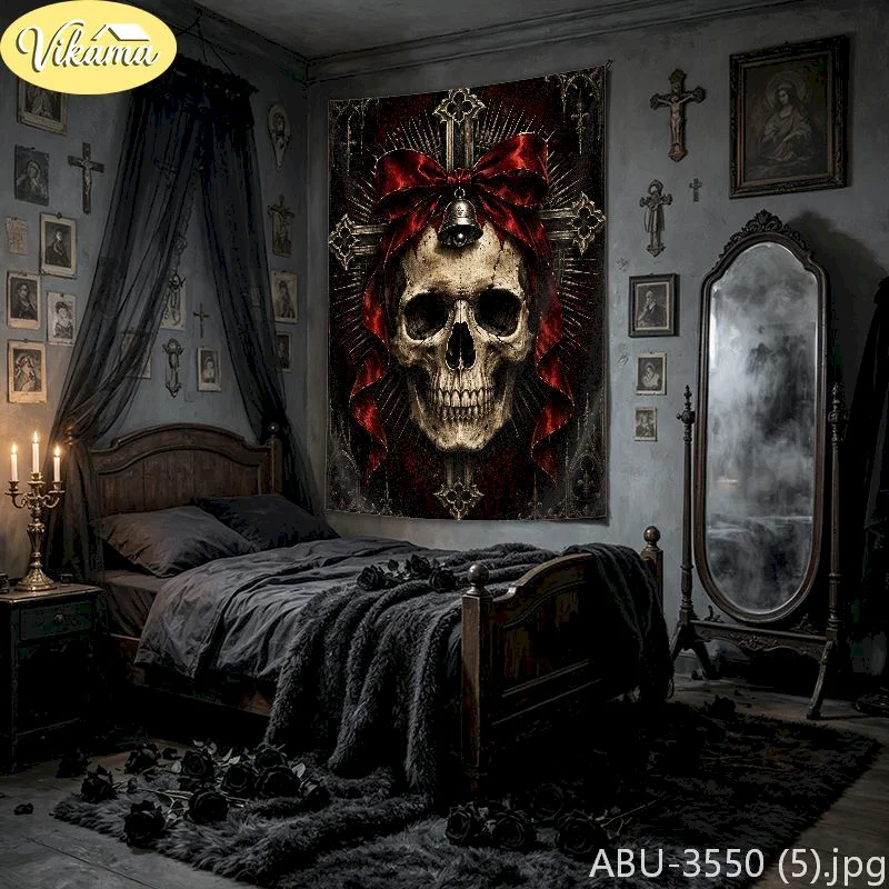 VIKAMA Gothic Tapestry Wall Hanging Skull Big Red Bow Bell Cross Dark Academia Spooky Halloween Bedroom Decor