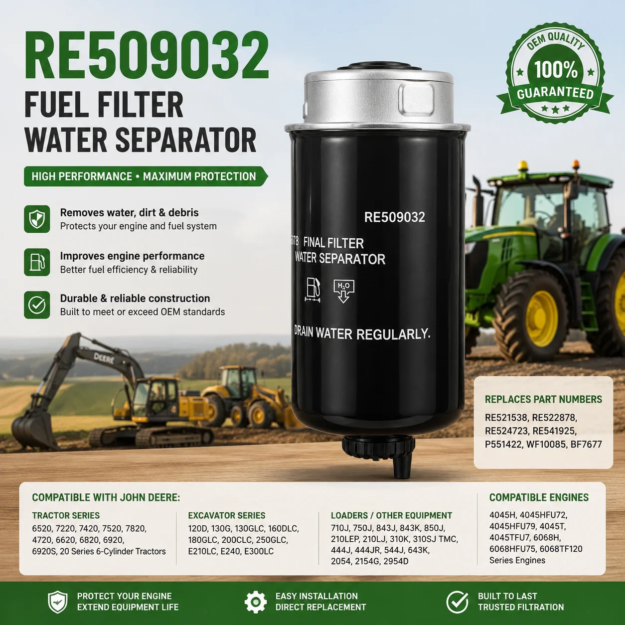 Filtro de Combustible RE509032, Reemplazo para RE521538, RE522878, P551422, para Motor John Deere 4045, 6068, 6520, 7220, 7820, 120D, 130G, 200CLC