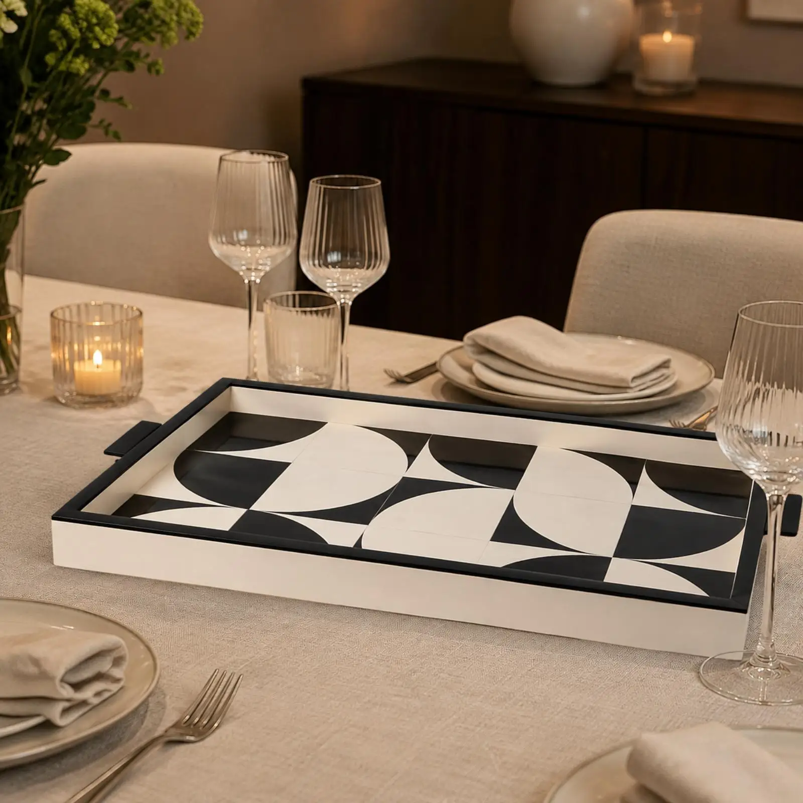 Sturdy Bone Handle Serving Tray Decorative Metal Tray for Serving Guests Snacks Drinks at Home