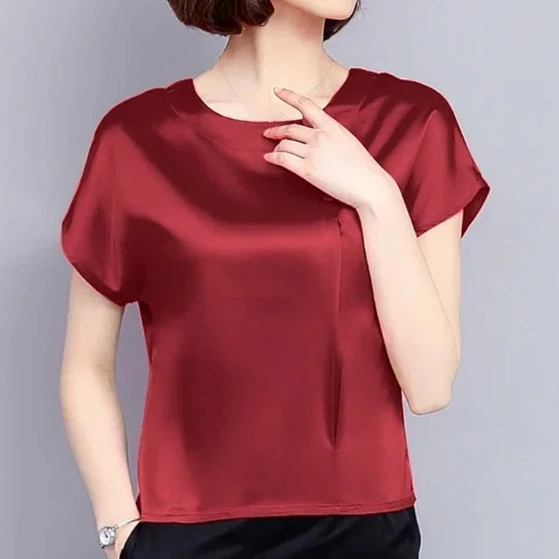 Women\'s Silk Short Sleeved Blouses, Casual O-Neck Shirts, Solid Loose Tops, Spring and Summer Clothing, New Fashion, 0425