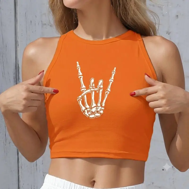 Nadanbao Skeleton Hand Print Crop Top Sommer Schwarz Orange Ärmellose Tanktops Damen O-Ausschnitt Kurze Weste Halloween Party Lustiges Top – Detail 11