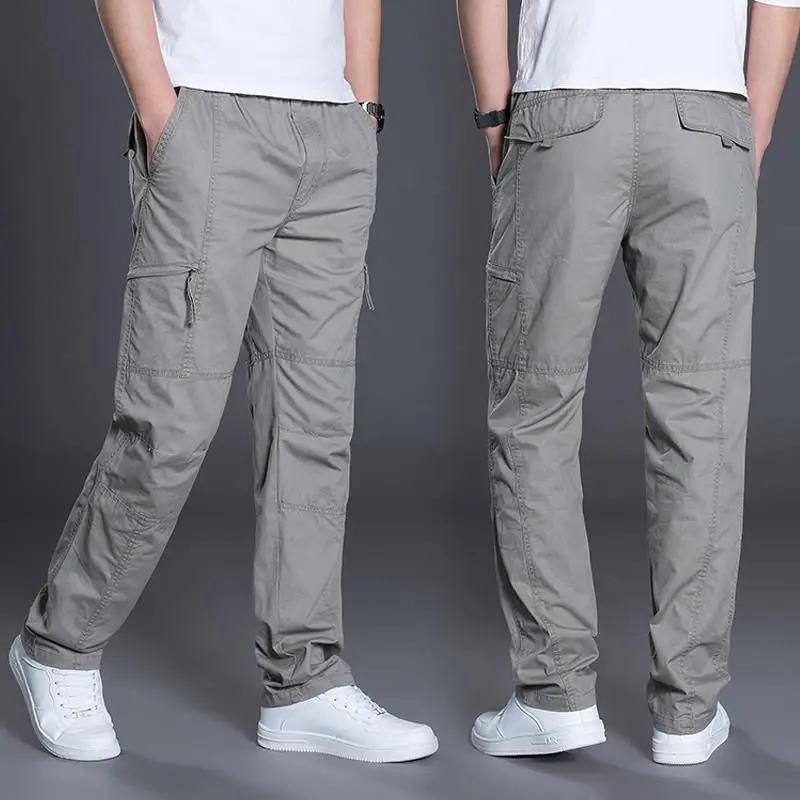 Mens Casual Cargo Cotton Pants Men Pocket Loose Straight Pants Elastic Work Trousers Brand Fit Joggers Male Super Large Size 6XL