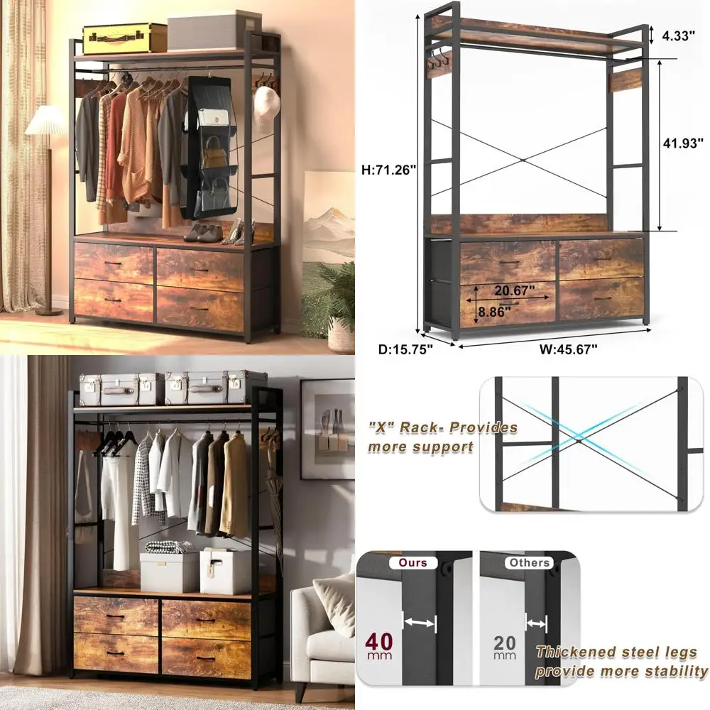 

Отдельно стоящая вешалка для одежды с подвесным стержнем, полками, ящиками и хранилищем для сумок для промышленного использования.