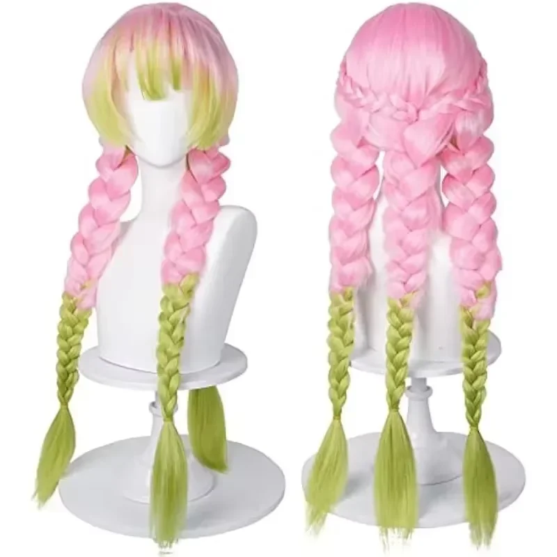 New 1pcs Mitsuri Kanroji Cosplay Wig Kimetsu no Yaiba Long Pink Green Heat Resistant Hair Authentic Cosplay Wigs + Wig Cap