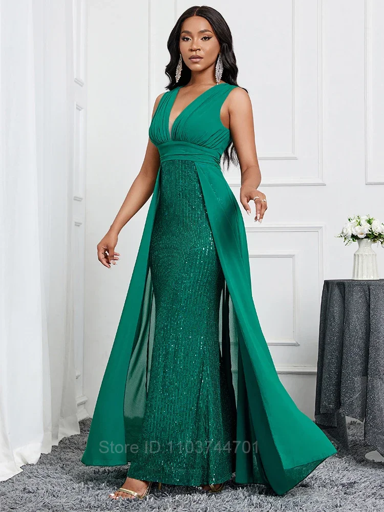 Sexy senza spalline paillettes Pacthwork Maxi abito plissettato donna verde senza maniche Backless drappeggiato Slim abito lungo da sera