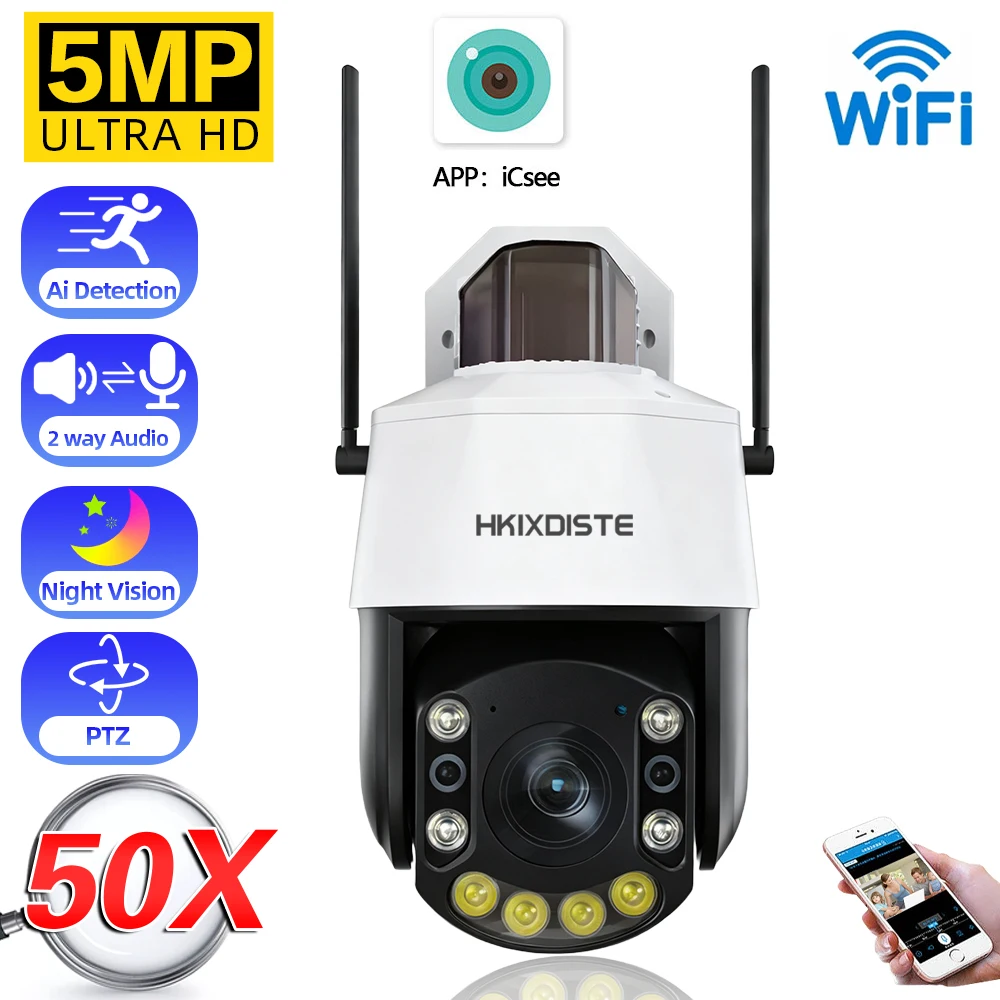 50X 30X Optical Zoom 5MP PTZ Security Camera Outdoor Waterproof Wifi PTZ IP Camera Color Night Vision CCTV Human Detection ICSEE