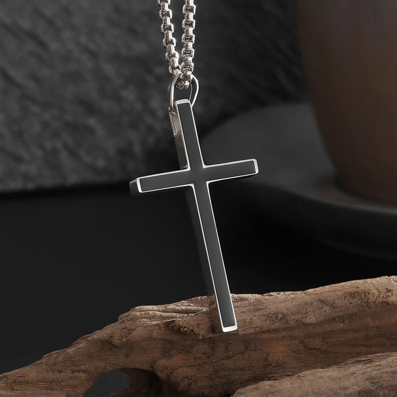 Stainless Steel Black 3D Cross Pendant Christian Jesus Amulet Necklace for Men and Women Rock Party Charm Jewelry Accessories