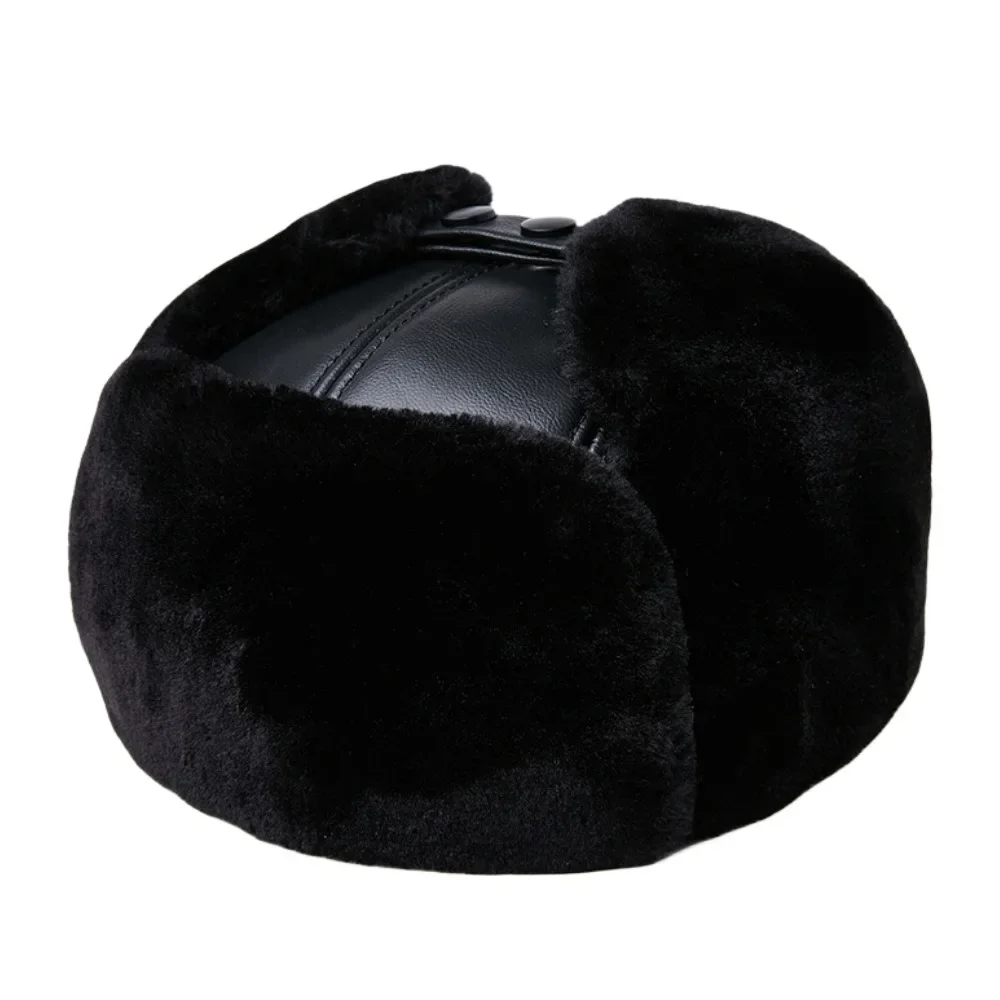 LA SPEZIA Fur Leather Bomber Hat Men Winter Hats Man Black Large Size XXL Cowskin Warm Hats for Men