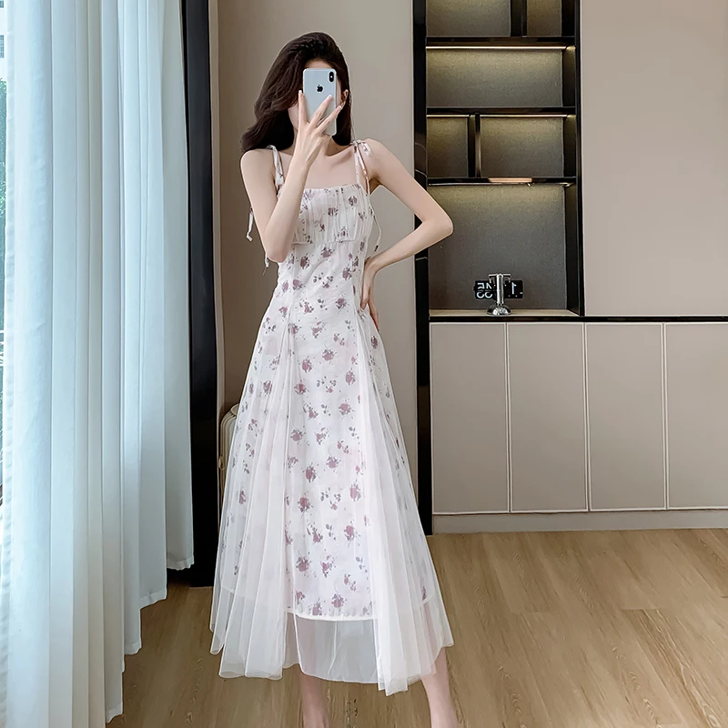 2024 Summer Sweet Fragmented Flower Mesh Spaghetti Strap Dress Women's Fashion Casual Temperament A-Line Long Skirt