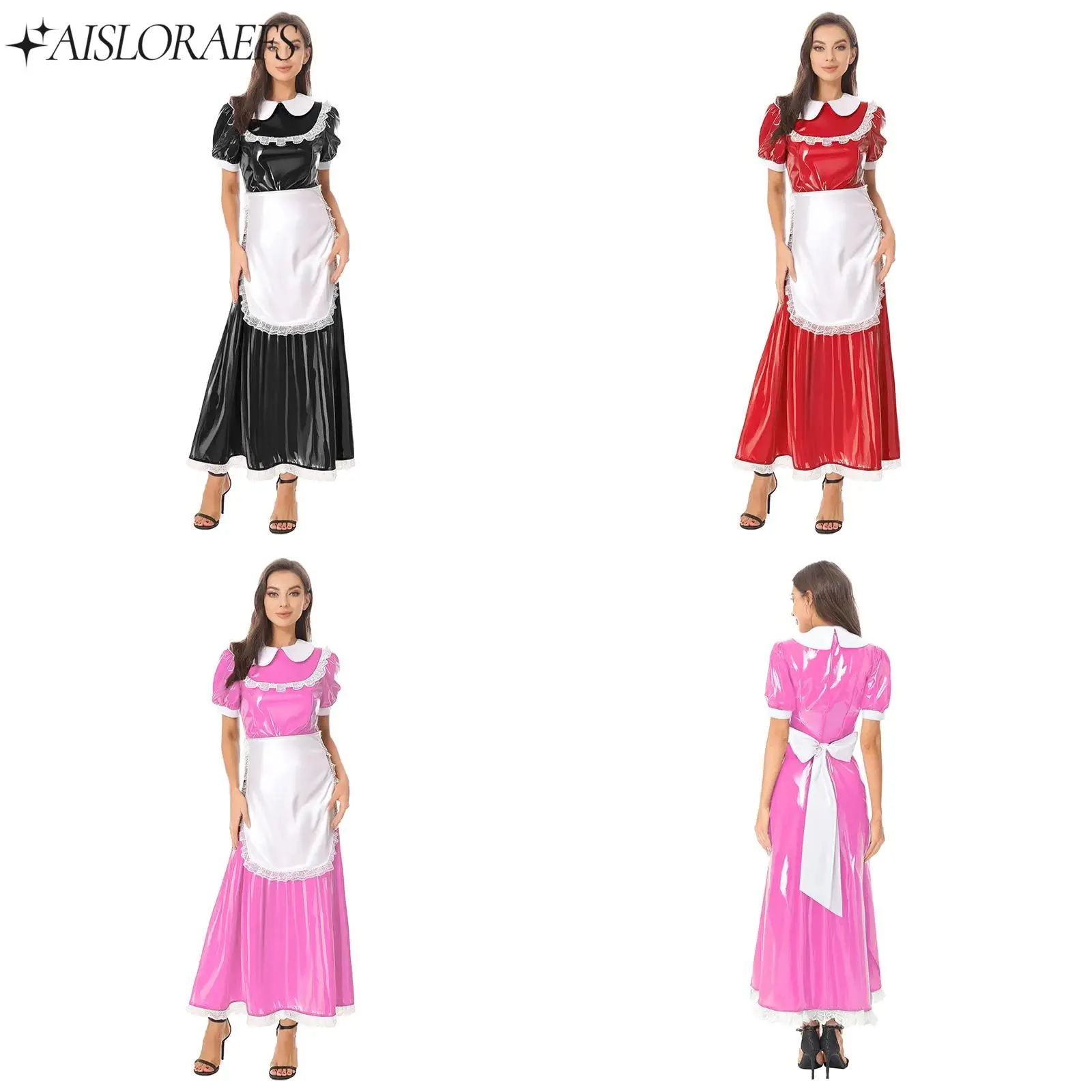 

French Maid Cosplay Dress Halloween Party Costumes with Apron Satin Lace Trim Short Sleeve Wet Look PU Maxi Dress for Womens