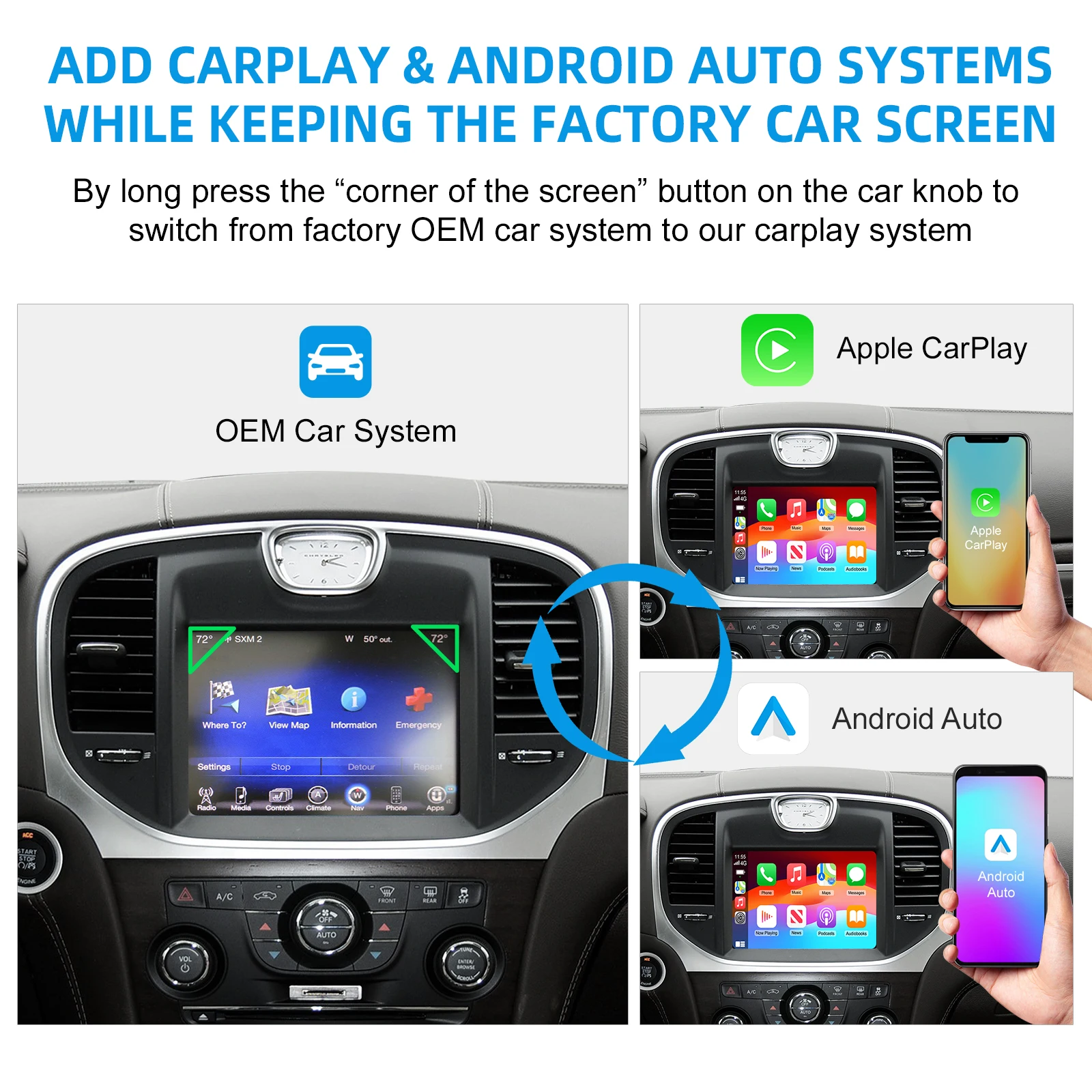 Wireless CarPlay Android Auto Retrofit Kit Screen Upgrade Decoder Box for Chrysler 300 Series 2011-2016 BT 5.0 GPS Plug and Play