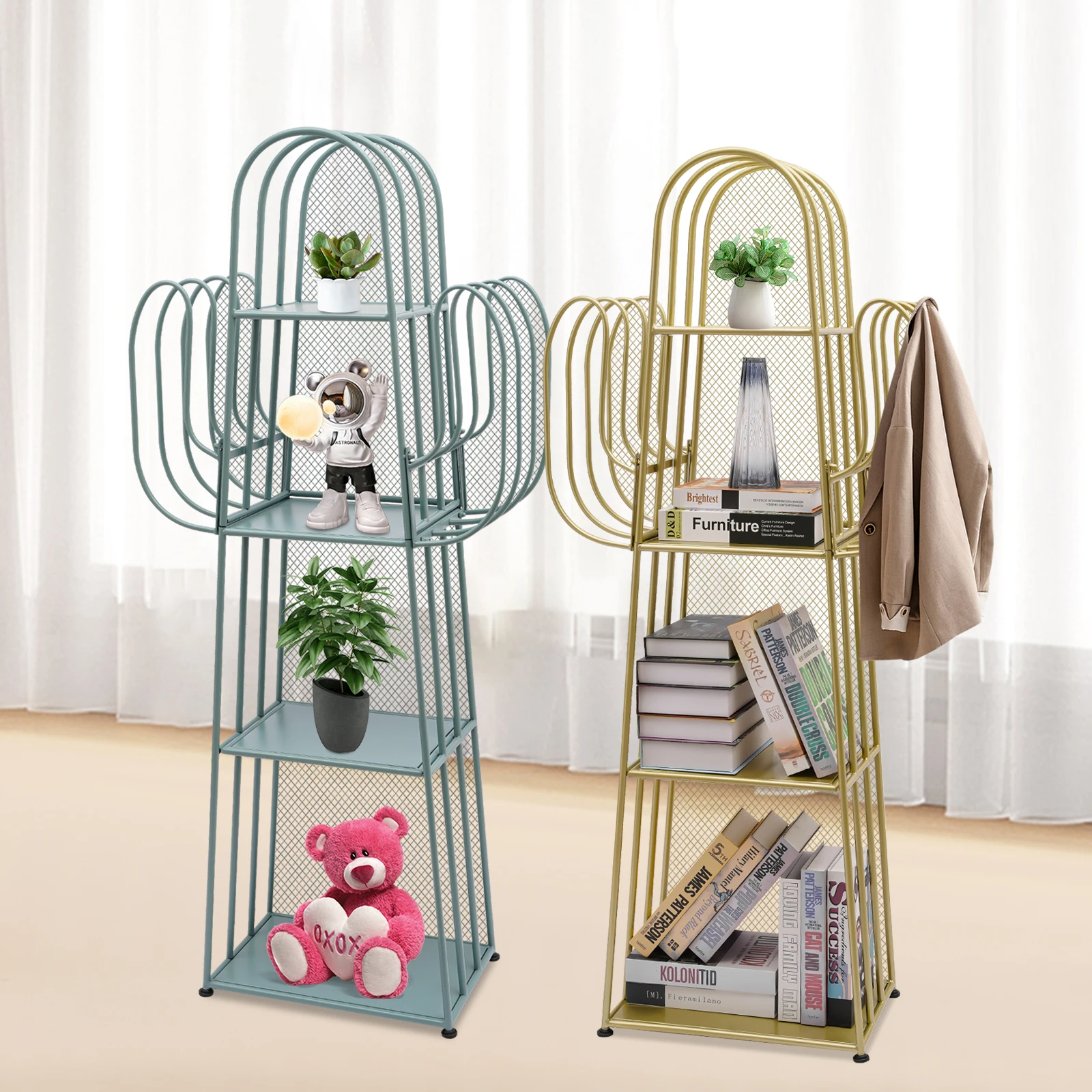 4-Tier Bookshelf Freestanding Bookshelf Metal hollow ladder bookshelf - gold/green