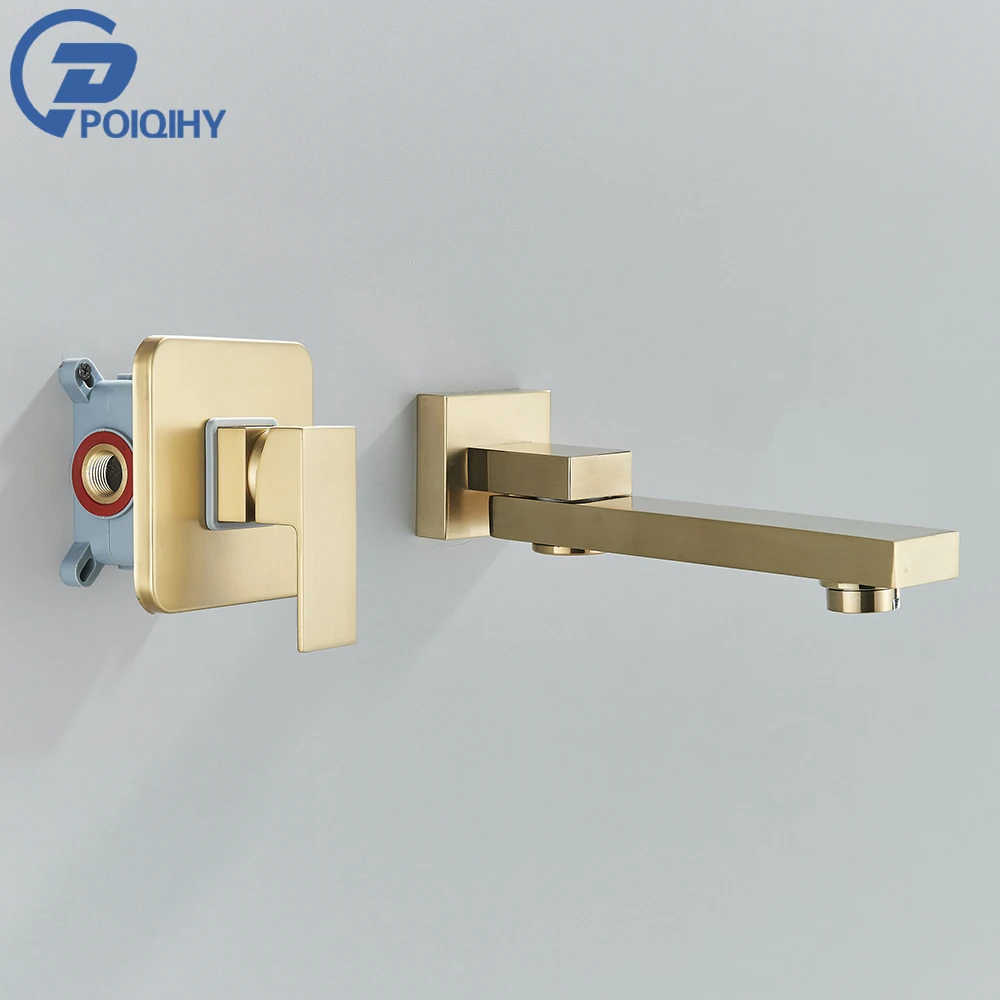 

Brushed Golden Basin Faucet Rotate Spout Wall Mounted Bathroom Hot Cold Water Mixer Tap Concealed Washing Crane Faucets