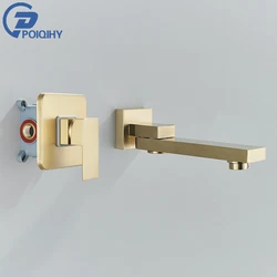 Brushed Golden Basin Faucet Rotate Spout Wall Mounted Bathroom Hot Cold Water Mixer Tap Concealed Washing Crane Faucets