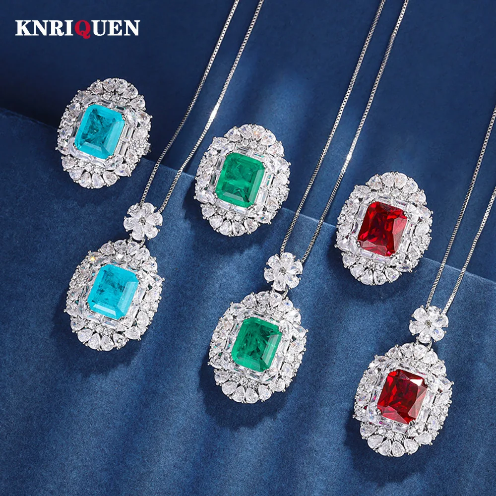 

Trend 10*12mm Emerald Paraiba Tourmaline Ruby Wedding Party Fine Jewelry Sets for Women Lab Diamond Pendant Necklace Rings Gift