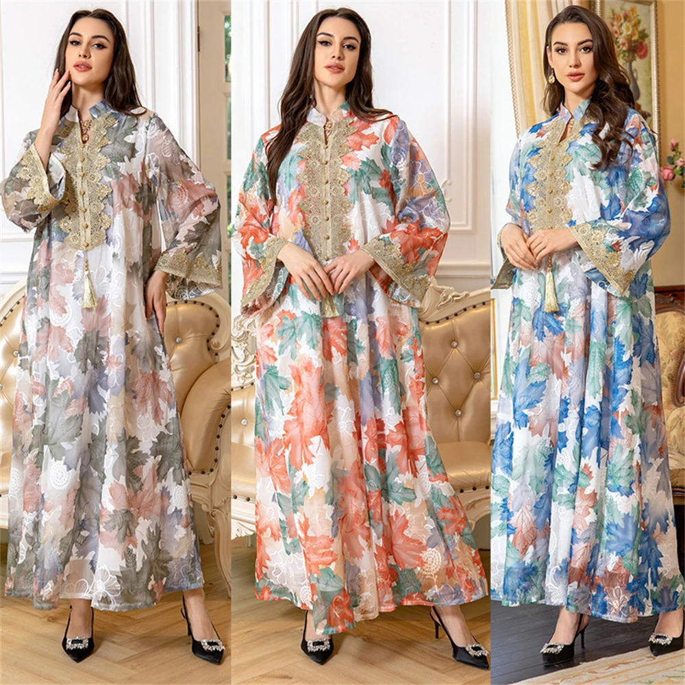 

Dubai Arab Fashion Printing Elegant Party Dresses Jalabiya Islamic Clothing Muslim Saudi Moroccan Women Kaftan Eid Robe Ramadan