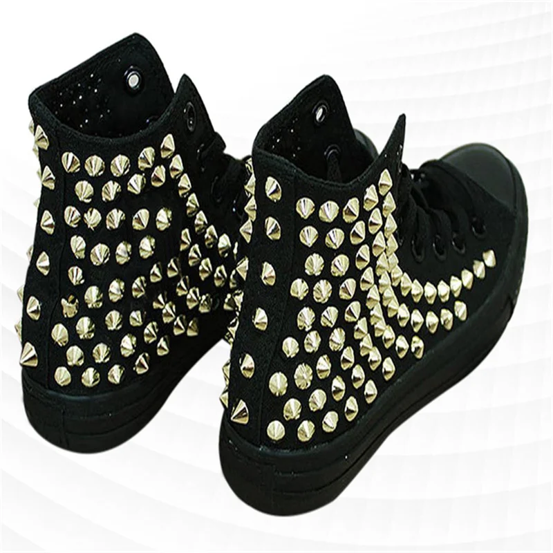 Hand-made original black high top riveted canvas shoes Hip hop punk show shoes men and women plus size casual shoes 35-46