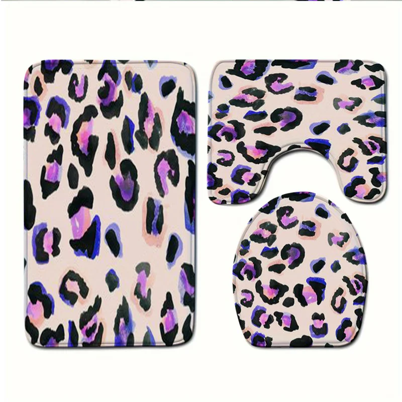 3pcs Luxury Leopard Print Bath Mat Set Pink Purple Soft Plush Non-Slip Rug Toilet Lid Cover U-Shaped Mat Modern Bathroom Decor