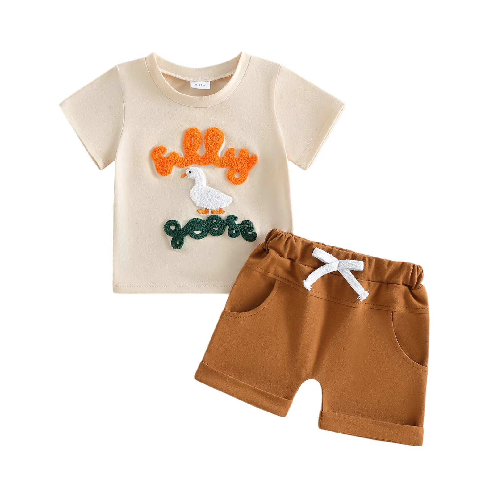 2Pcs Baby Boy Summer Outfits Short Sleeve Goose Letter Embroidery T-Shirt + Shorts Set Toddler Clothes