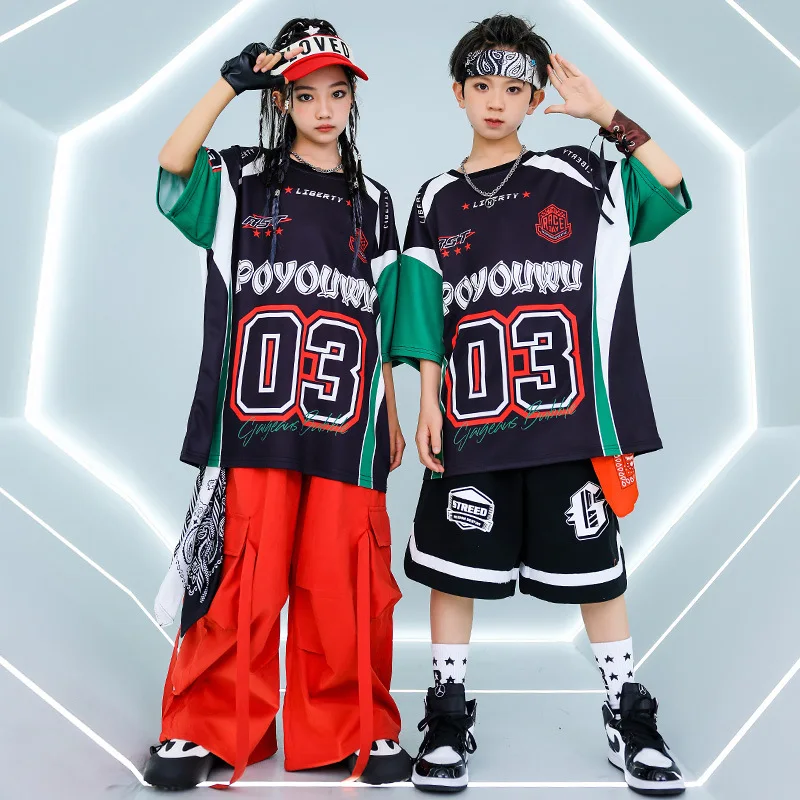 

Boys Hip Hop Dance Clothes Short Sleeves Loose Jazz Practice Wear Kids Street Dancing Performance Outfits Girls Stage Costumes