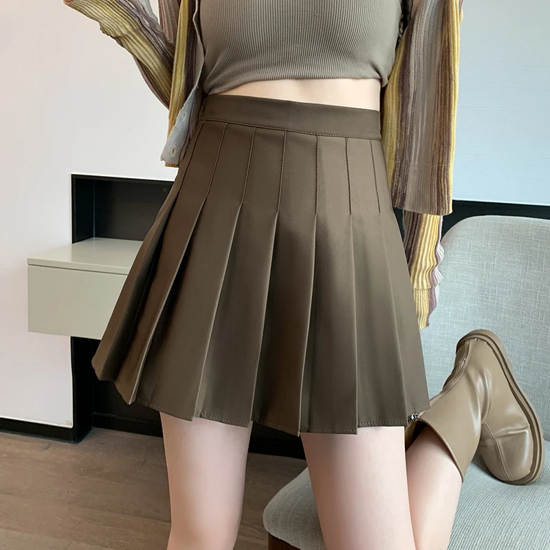 

Coigarsam Women Short Skirt Spring 2024 New Preppy Style Office Lady Solid Folds High Waist White Gray Black Khaki Skirts