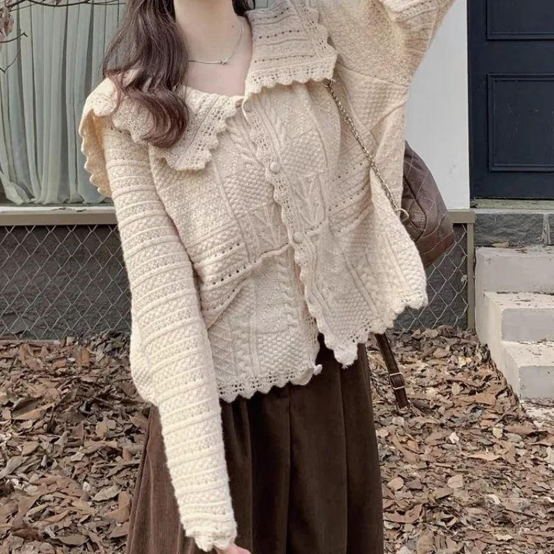 

Кардиган, весенняя женская одежда, новинка 2024, милый темно-синий вязаный свитер с воротником, пальто, топ