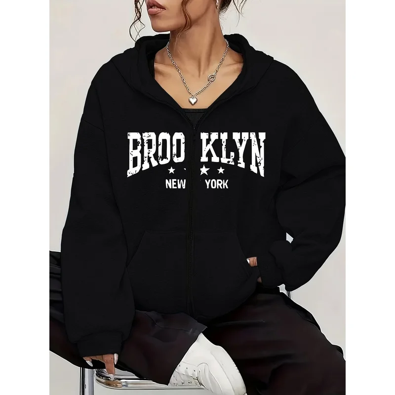 Women's Star Print Hooded Jacket | Brooklyn New York Zip-Up | Kangaroo Pocket Casual Sport Pullover, Machine Washable