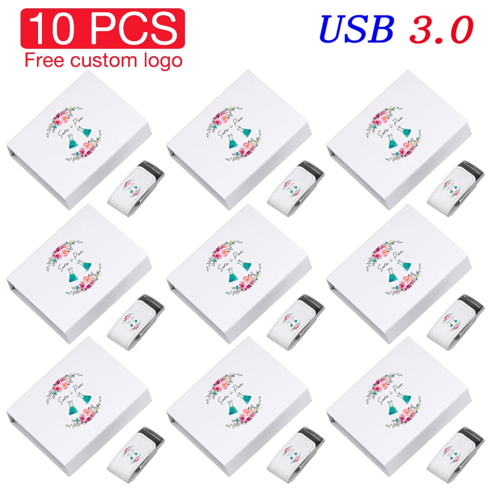 10PCS/LOT USB 3.0 Flash Drive Free Custom Logo Leather Memory Stick White Box Pendrive 128GB 64GB Color Printing Wedding Gift