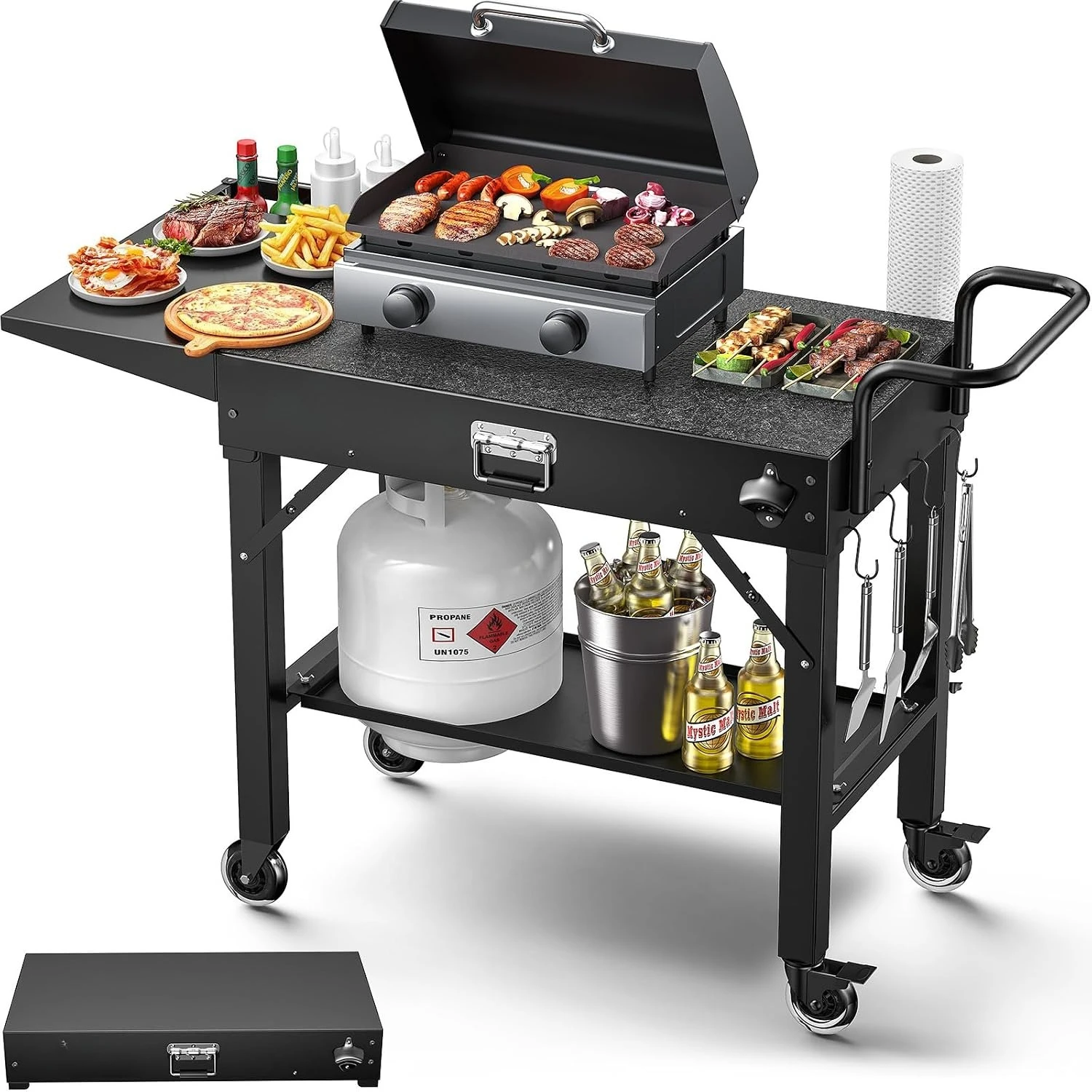 Portable Outdoor Grill Prep Cart Table, Mobile Work Station Compatible with Flat Top Griddle for Backyard Patio BBQ Cooking