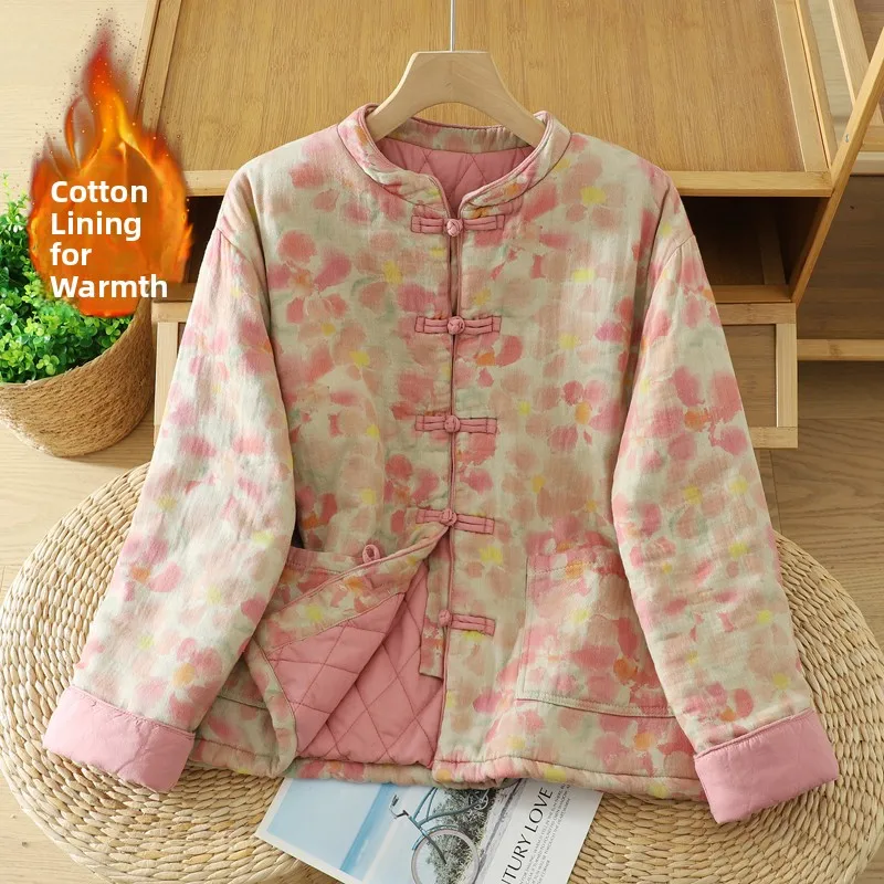 

Retro Floral Print Thin Cotton Warm Coat Women's Loose Winter Outerwear Mommy Sle Long Sve Stand Collar Cotton Jaet