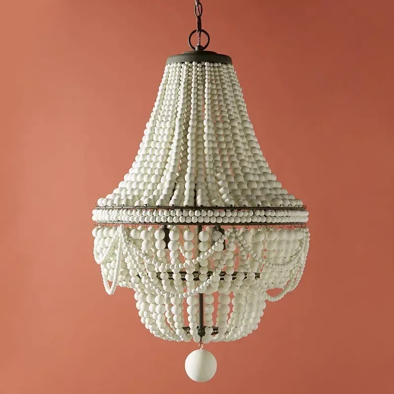 French Country white wood Bead Chandelier dining room bedroom princess Decorative chandelier anging light fixture