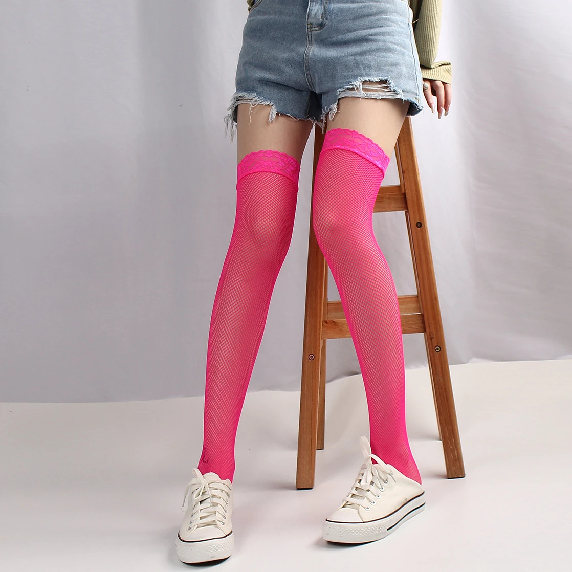 Knee High Lace Socks for Women Erotic Lingerie Small Mesh Thigh High Hosiery Green Yellow Pink Blue Purple White Sexy Stockings