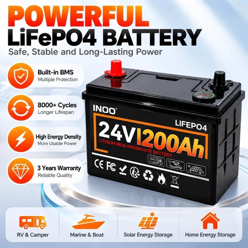 24V 200Ah LiFePO4 Lithium Battery 6000+ Cycles Deep Cycle Rechargeable Power Supply with BMS for Solar RV Marine Off Grid