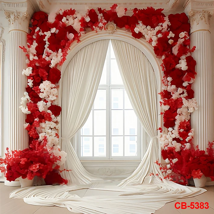 Valentine's Day Backdrop Red Rose Arch Palace Window Curtain Photo Background Vintage Romantic Couple Backdrop Anniversary Party