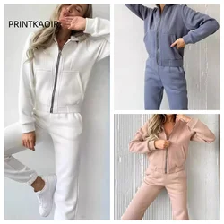 Winter Velvet Tracksuit Two Piece Set For Women Sweatpants Sets Thick Women's Suit Warm Hoodies And Pants Sets Gray