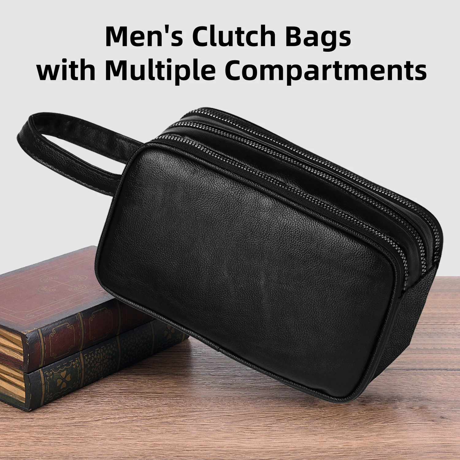 

Men's PU Leather Clutch Bag with Wrist Strap, Multi Compartment Zipper Handbag, Large Capacity Organizer Pouch