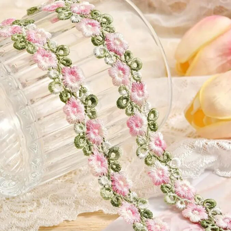 1Yard Pink Green Lace Trim Craft Flower Lace Fabric Venise Floral Embroidered Applique Decorated Lace Ribbon 2CM Wide