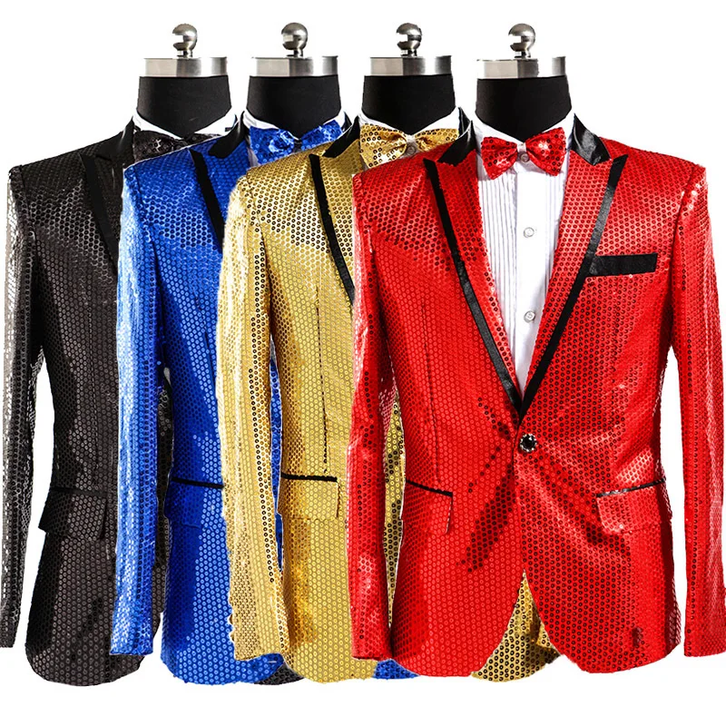 Shiny stage performance dress sequins men's suit jacket singer host jacket (jacket+bow tie)