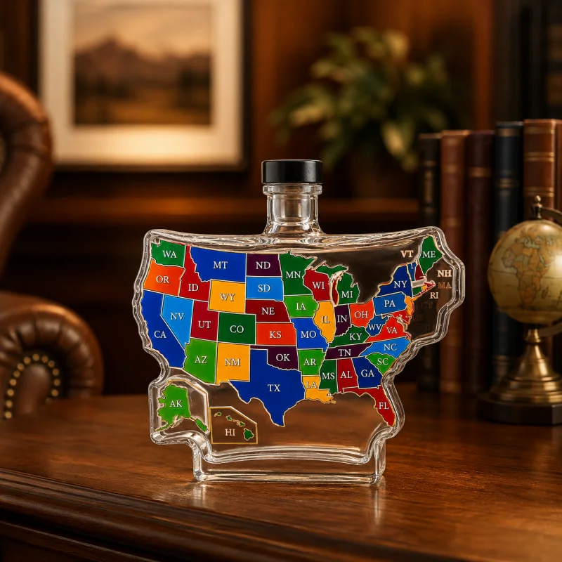 USA Contour Map Glass Whiskey Decanter Color Coded US State Abbreviation Print Lead Free Liquor Storage Bottle American