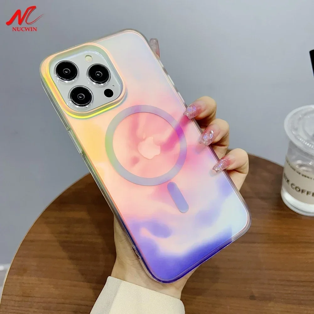 Gradient Watercolor Magsafe Case for iPhone 16 Pro Max 15 14 Pro Luxury Ultra Thin Laser Aurora Cover for iPhone 13 14 Pro Max