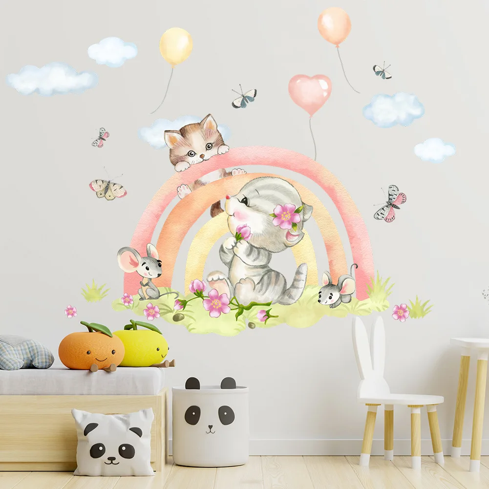 Cartoon Cute Cat Rainbow Balloon Wall Sticker Pink Baby Girl Wall Decals Heart Children's Bedroom Wallpaper Decor Self-Adhesive