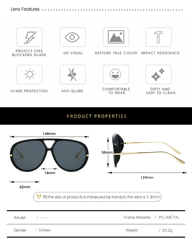Mode Pilot frauen Sonnenbrille Neue Übergroßen Punk Marke Designer Sonnenbrille Trendy Street Metall Doppel Brücke Shades Brillen – Detail 4