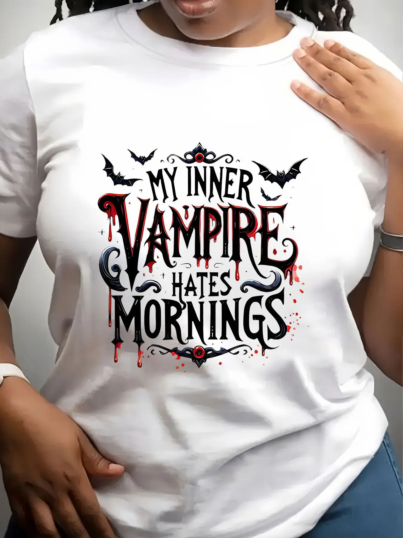 Women's Trendy Crew Neck T-Shirt My Inner Vampire Hates Mornings Suitable for Casual Sportswear